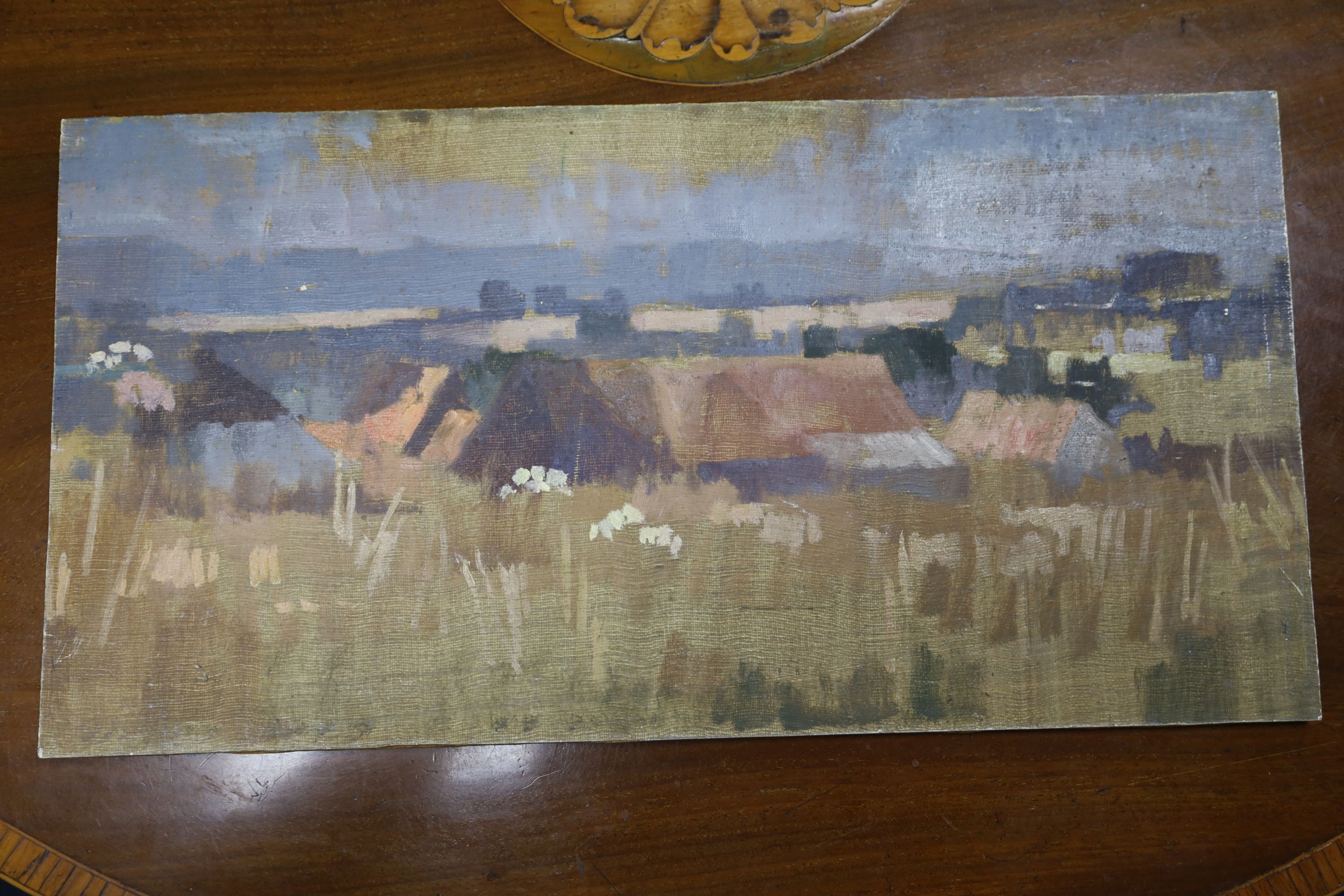 Michael Cadman (1920-2010), fourteen assorted oils on board, mostly landscapes, largest 30 x 46cm, mostly unframed and many unsigned, together with a sketch book